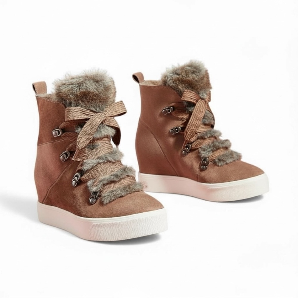 J/Slides Whitney Taupe Suede Faux Fur Wedge Boot Size 11 - Picture 5 of 10